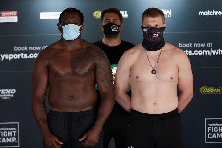 Dillian Whyte and Alexander Povetkin Weigh In ahead of their WBC Diamond Belt Contest tomorrow Night.
